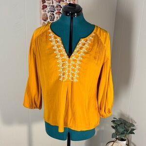 Dolan Anthropologie Mustard Blouse with White Embroidery